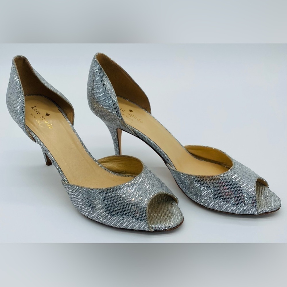 KATE SPADE Vero Cuoio Silver Glitter Peep Toe Sage D'Orsay Pump Heels Size 10